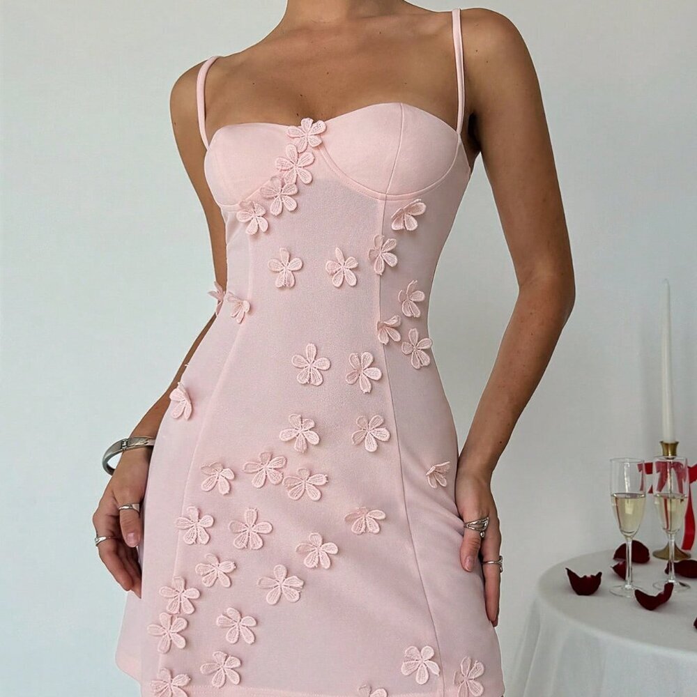 Pink Elegant Women's Sexy Camisole Dress with Flower Embellishment - Picture 3 of 7